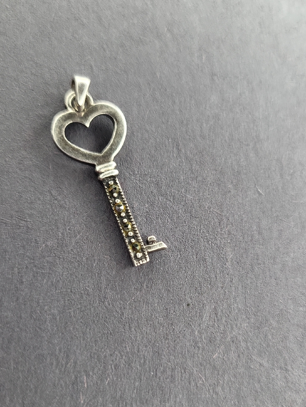 Sterling Silver Heart Key Pendant with Marcasite Accent